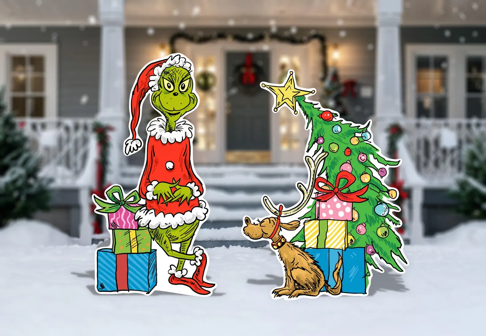 Large Grinch and Max dog with Christmas tree and presents outdoor cutout decorations displayed in front of a festively lit home, statement making Grinch party yard decor.