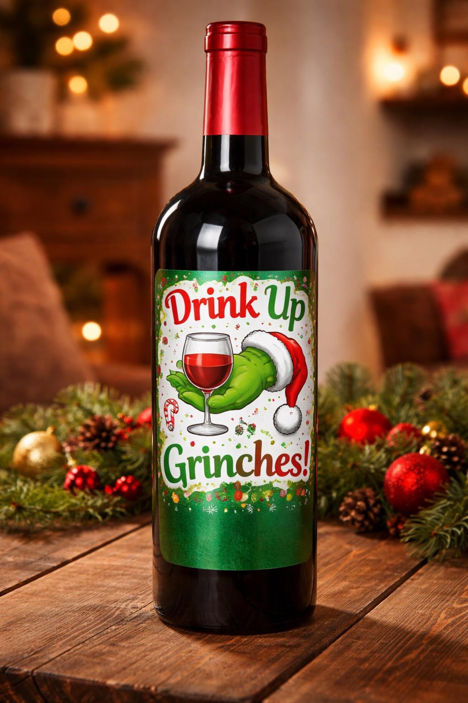 Red wine bottle dressed in a festive Drink Up Grinches label with Grinch hand holding a wine glass, a witty and instantly recognizable Grinch party hostess gift or table centerpiece.