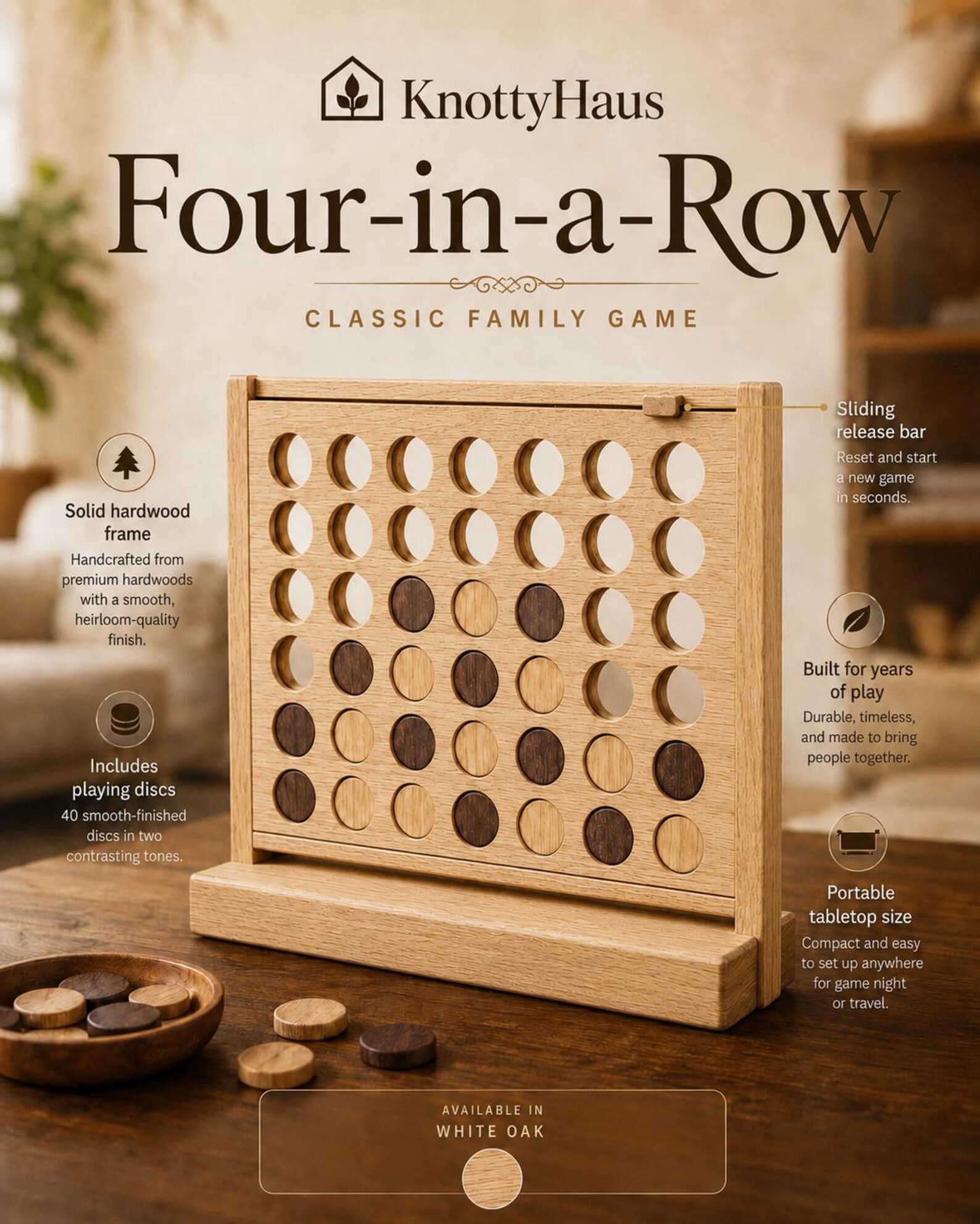 KnottyHaus solid white oak hardwood Four in a Row classic family game with 40 smooth two tone playing discs and sliding release bar on a wooden tabletop, a timeless and heirloom quality gift for the board game loving family that will last for generations.