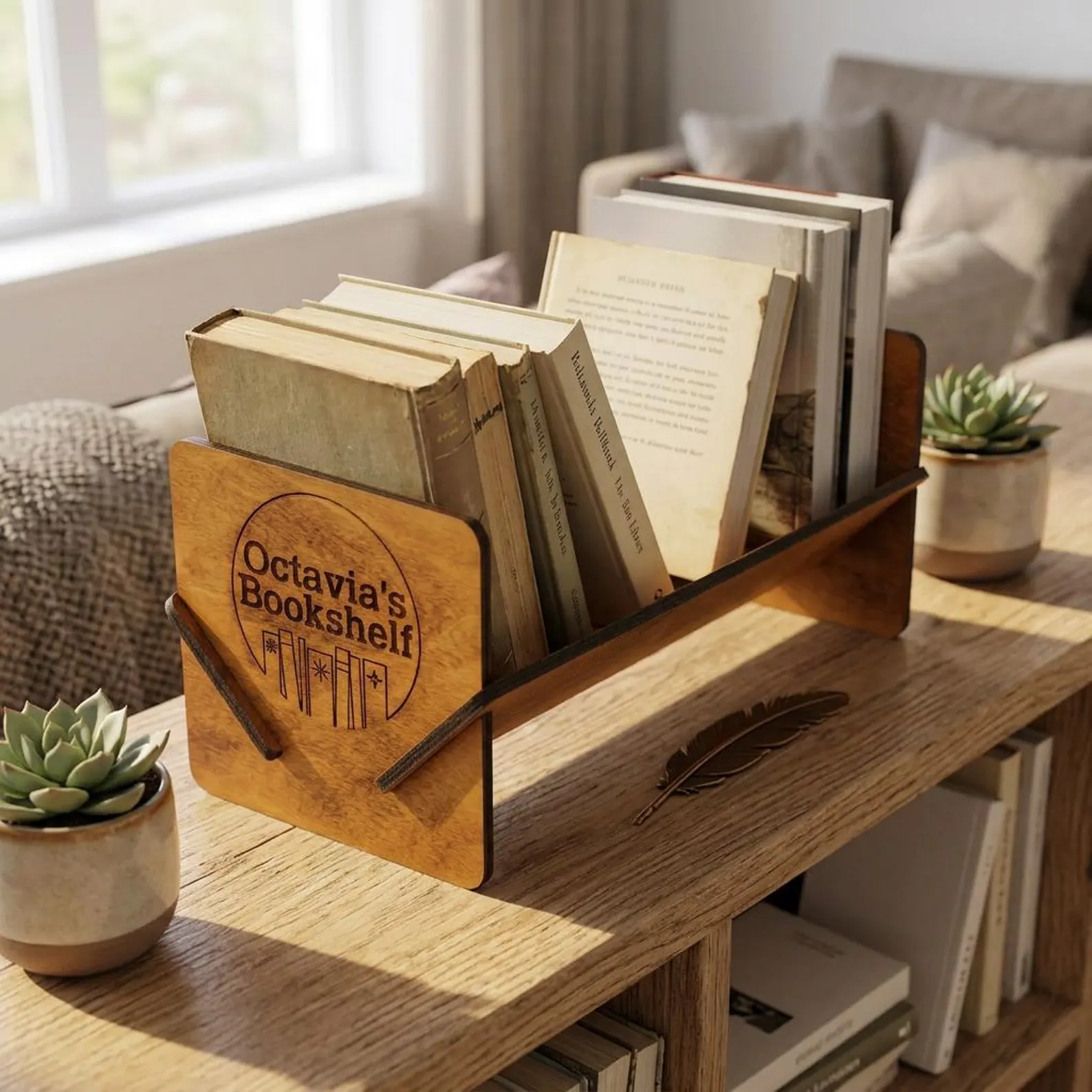 Personalized engraved wooden desktop book holder with custom name and book club logo holding vintage books on a cozy reading table, charming book club squad gifts for the avid reader.