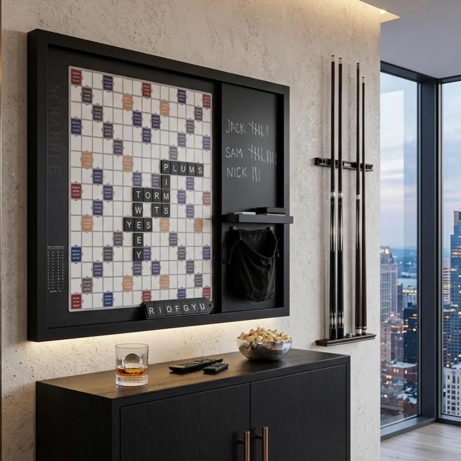 Oversized wall mounted Scrabble board with built in chalkboard scoreboard and tile storage shelf displayed in a modern city view game room, the most impressive and conversation starting gift for the board game loving family who wants game night as home decor.