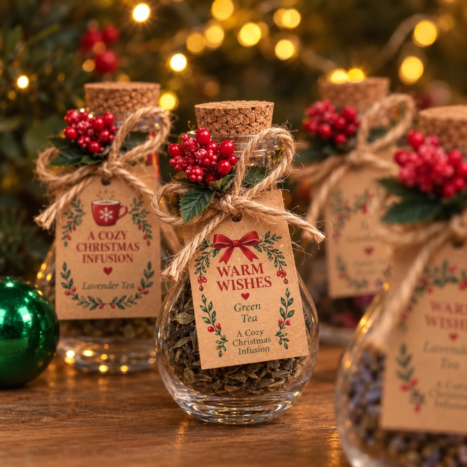 Corked glass bottle filled with loose leaf green and lavender tea tied with twine and red berry sprigs and a Warm Wishes kraft tag, charming and thoughtful teacher appreciation gift ideas for tea loving educators.