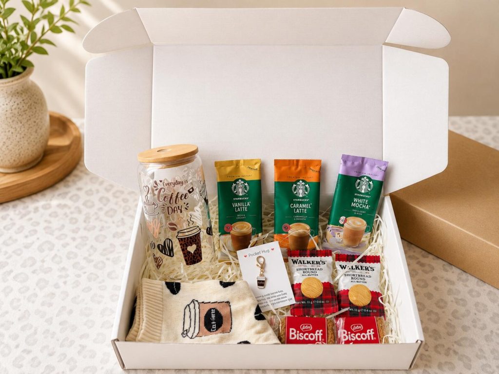 Coffee lover gift box with glass tumbler, Starbucks latte packets, Biscoff cookies, shortbread and cozy socks, perfect Christmas gift ideas for coworkers who love coffee.