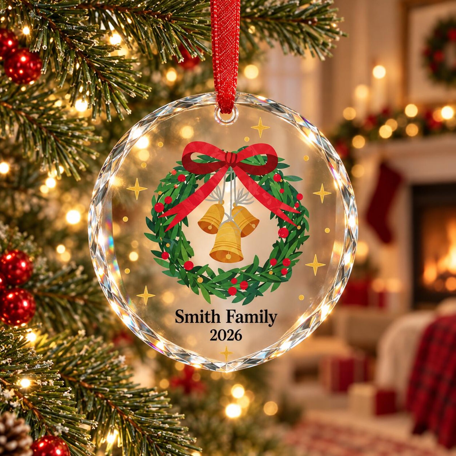 Personalized crystal glass round ornament with gold bells and holly wreath design printed with family name and year on a red ribbon, a sparkling and treasured Christmas hostess gift ideas she will hang on her tree for years to come.