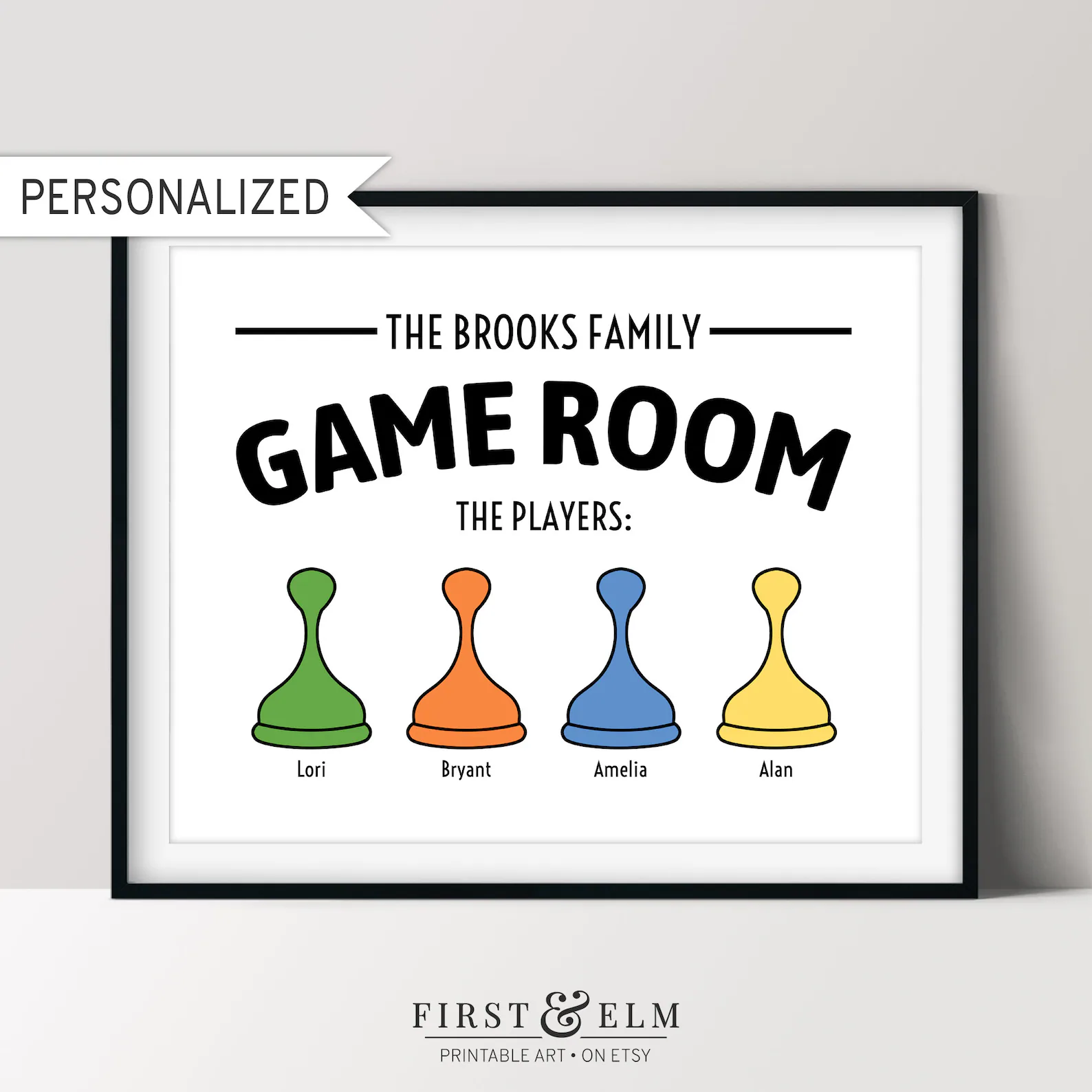 Personalized Family Game Room framed print featuring colorful game piece pawns labeled with each family member’s name, a fun and meaningful gift for the board game loving family who takes their game nights seriously.