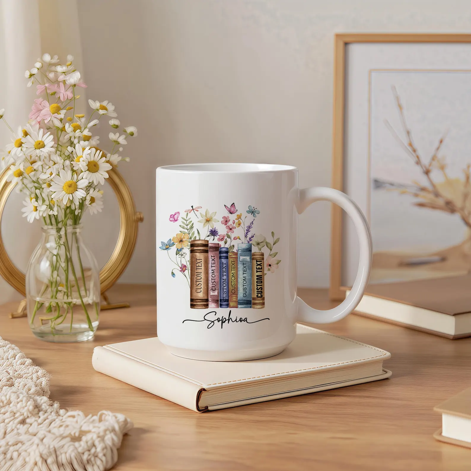 Custom watercolor wildflower book spine mug personalized with name and titles, a beautifully unique book club squad gifts for the reader who has everything.