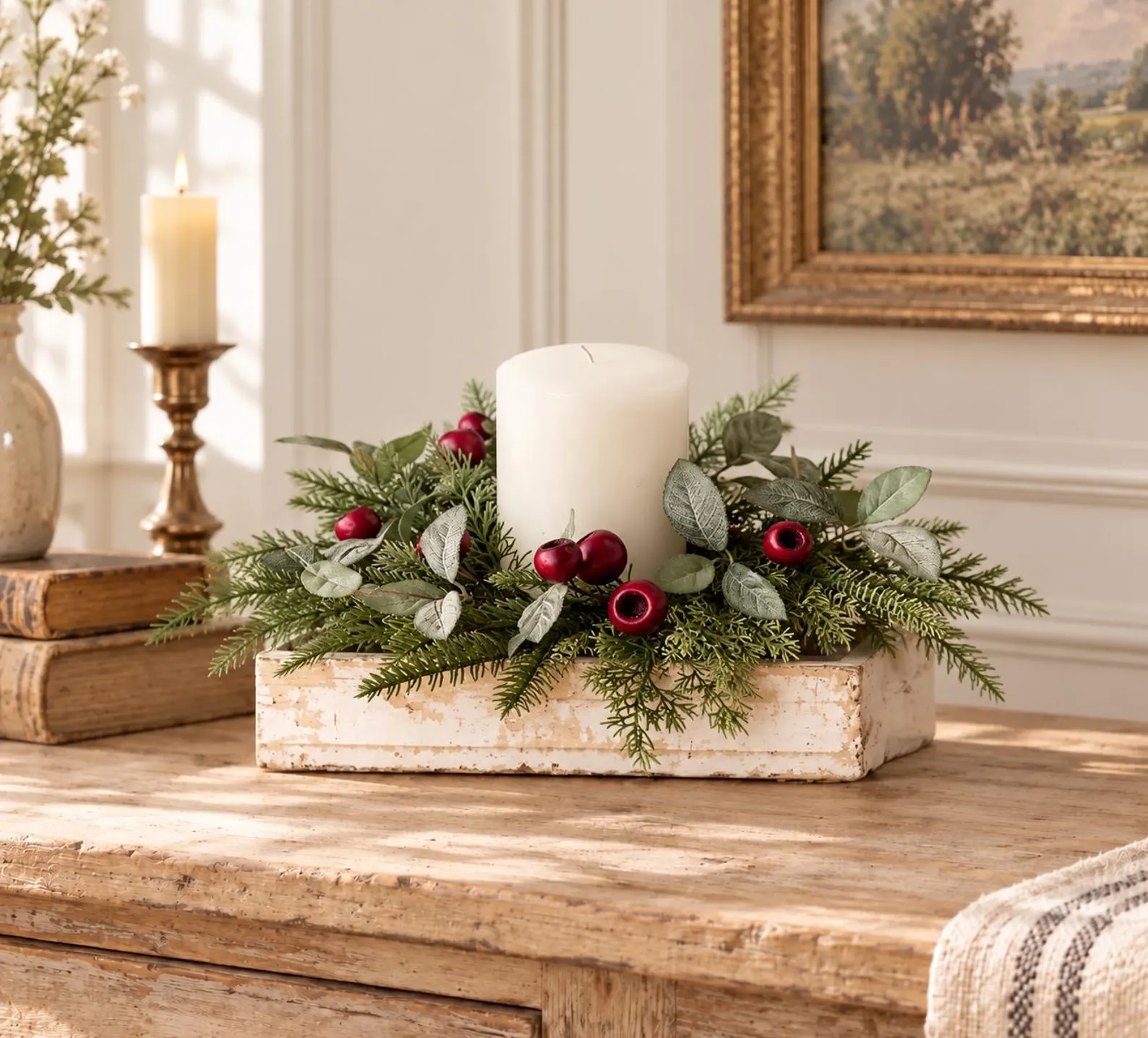 White pillar candle centerpiece surrounded by pine greenery, sage leaves and red berries in a rustic distressed wood box on a farmhouse table, an effortlessly elegant Christmas hostess gift ideas that doubles as stunning holiday home decor.