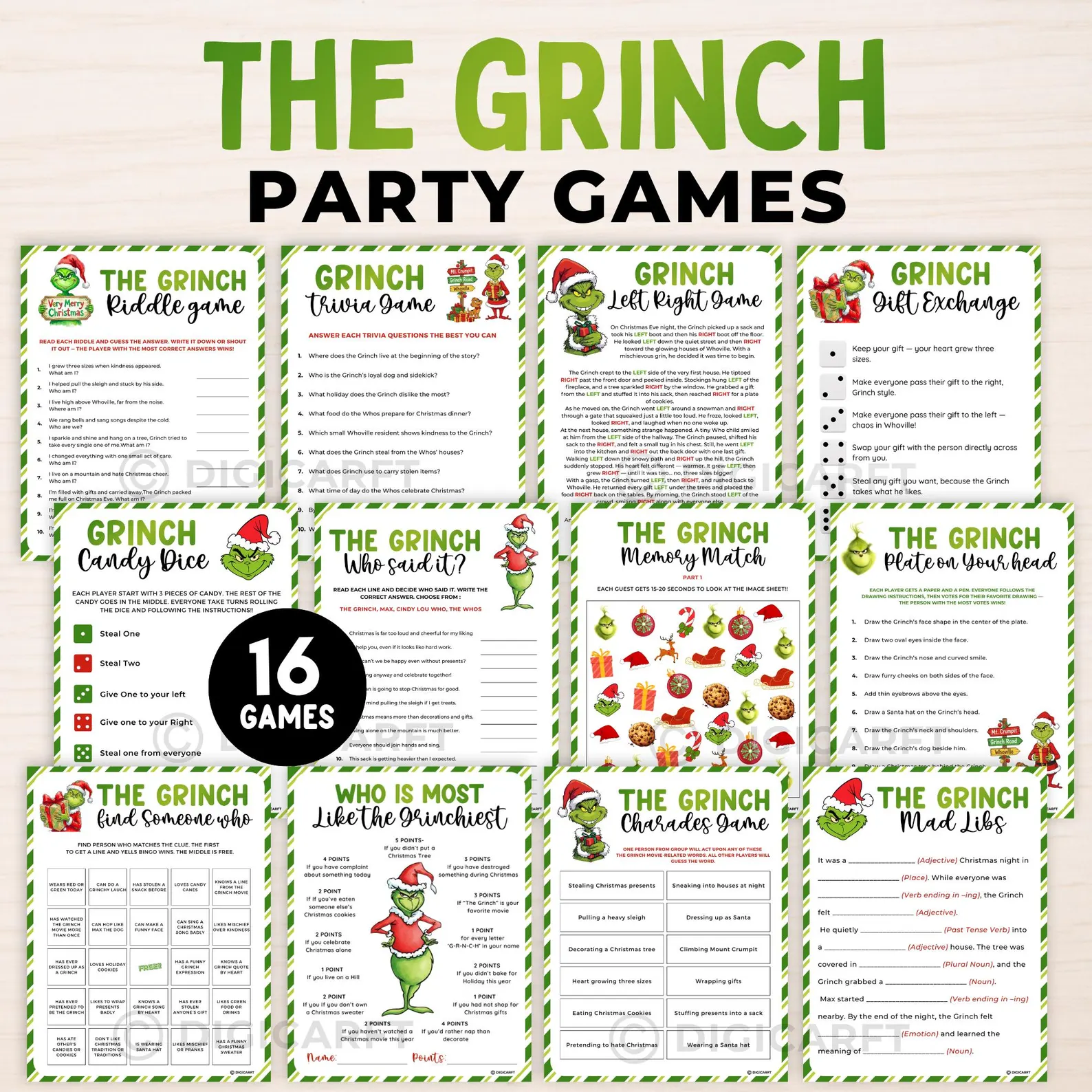 Complete set of 16 printable Grinch party games including trivia, charades, mad libs and memory match on green chevron cards, the ultimate Grinch party activity bundle for all ages.
