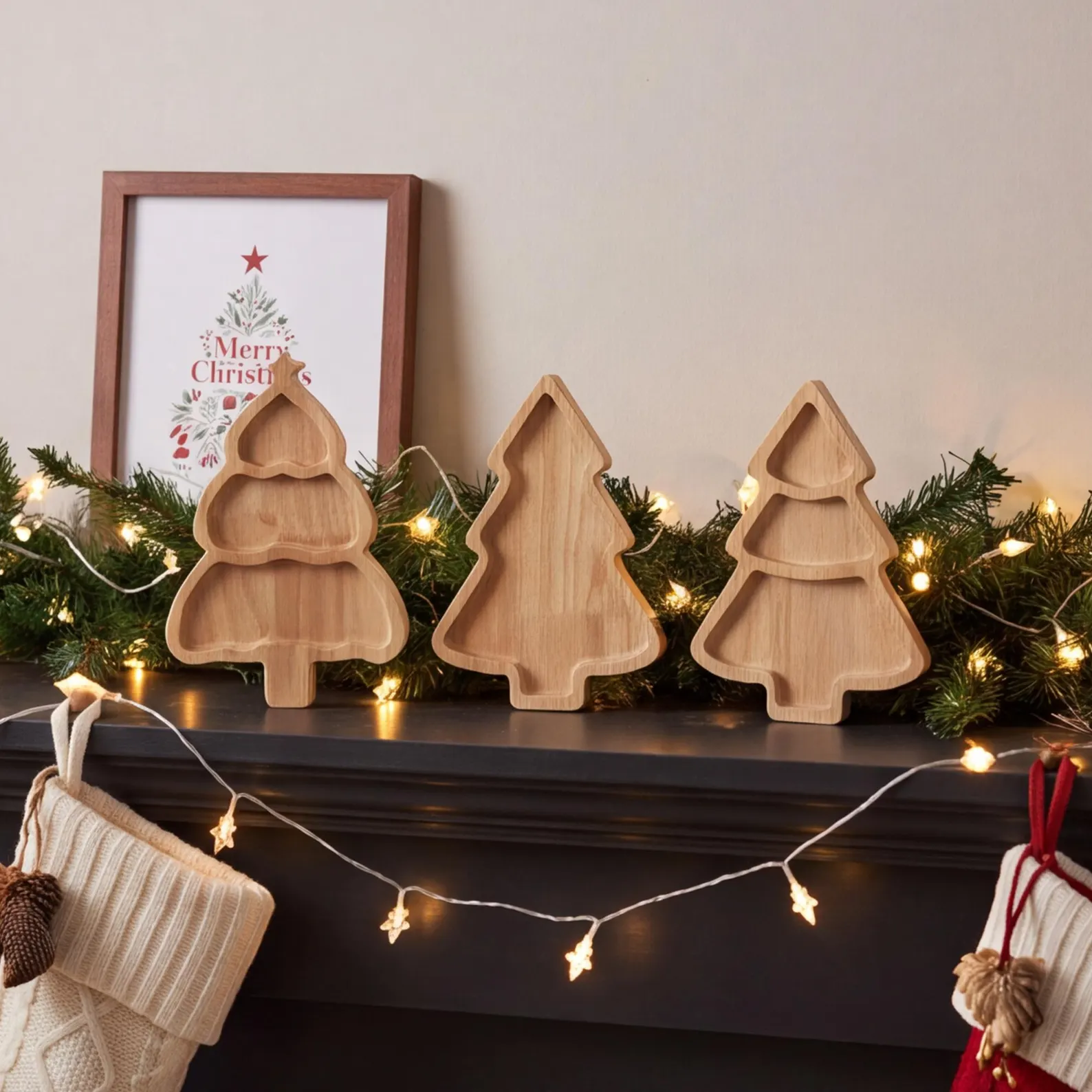 Set of three natural wood Christmas tree shaped divided serving trays displayed on a garland draped mantel with fairy lights and stockings, a stylish and versatile Christmas hostess gift ideas perfect for holiday entertaining and snack displays.