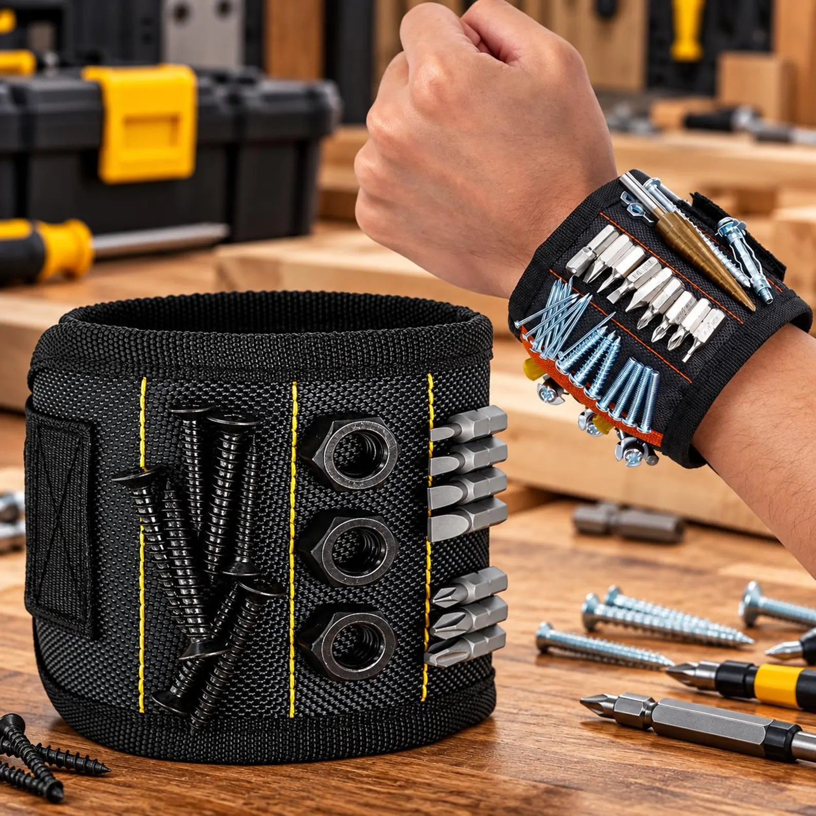 Black magnetic wristband holding screws, drill bits and nuts shown on wrist and flat in a workshop setting, a genius and practical male teacher appreciation gift ideas for the handy educator who loves DIY.