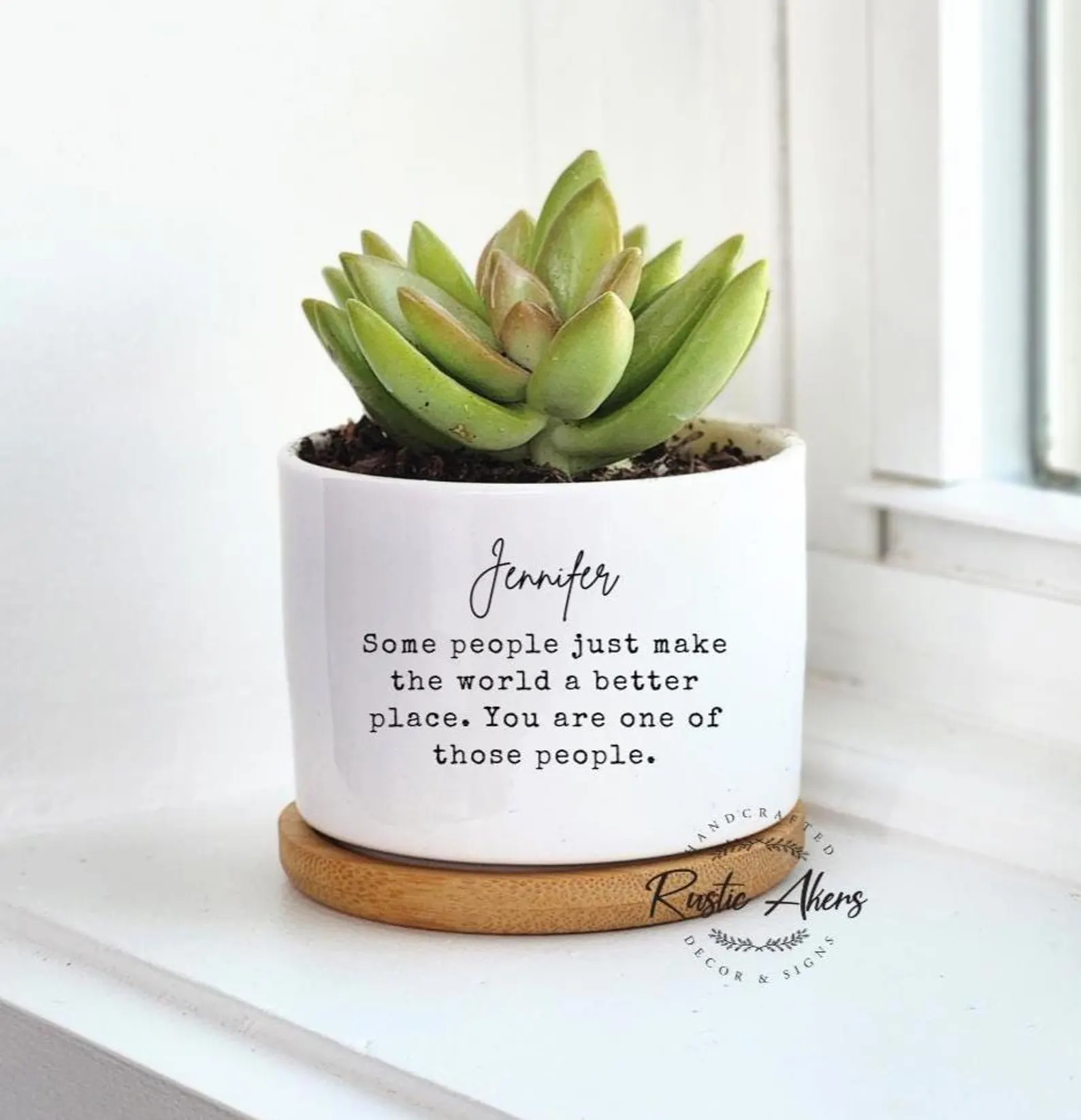 Personalized white ceramic succulent planter with heartfelt appreciation message on bamboo saucer, thoughtful and charming Christmas gift ideas for coworkers.